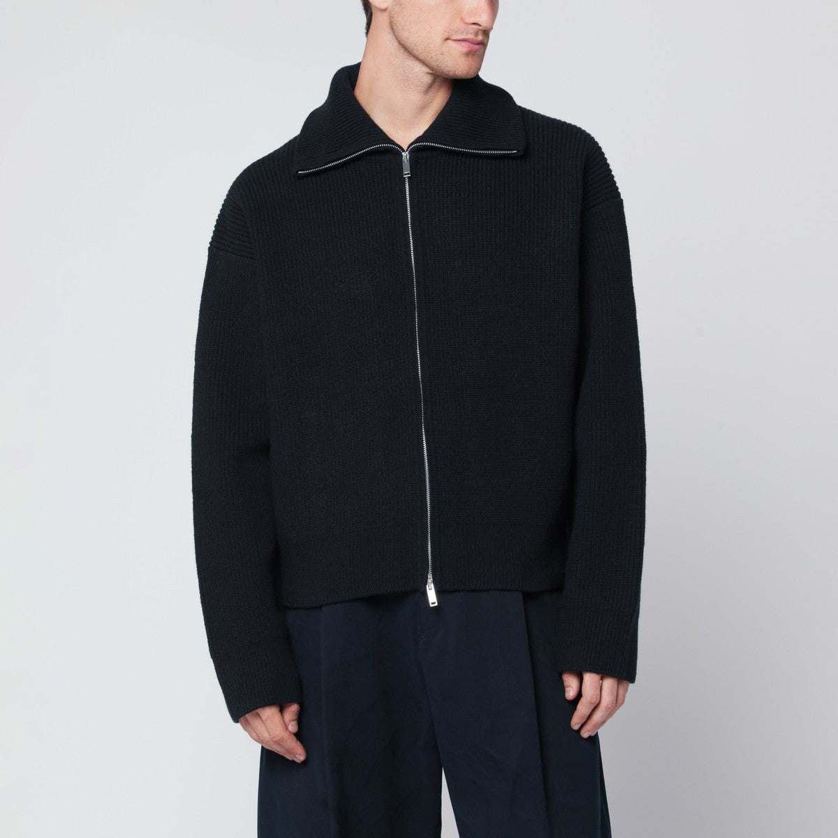STUDIO NICHOLSON Navy blue wool zip-up cardigan